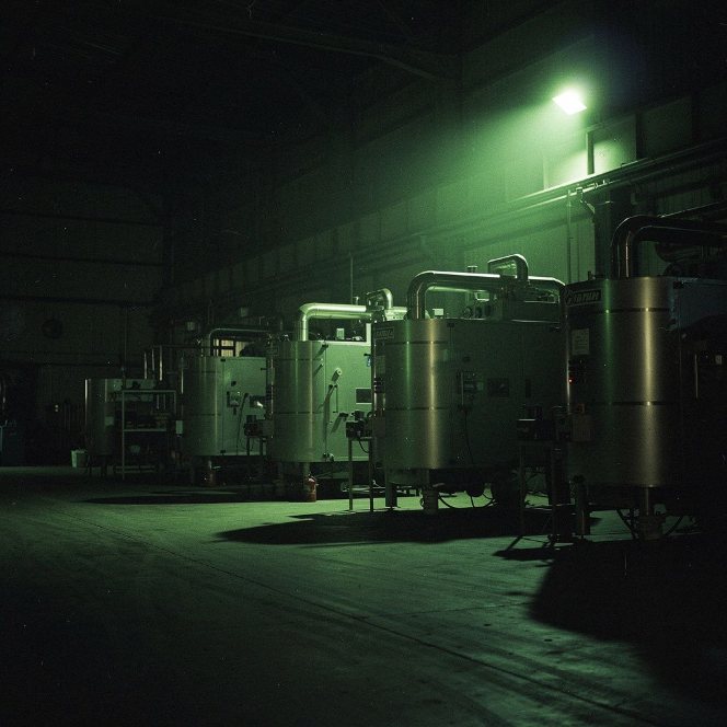 A dark shop floor lit green by a single overhead lamp