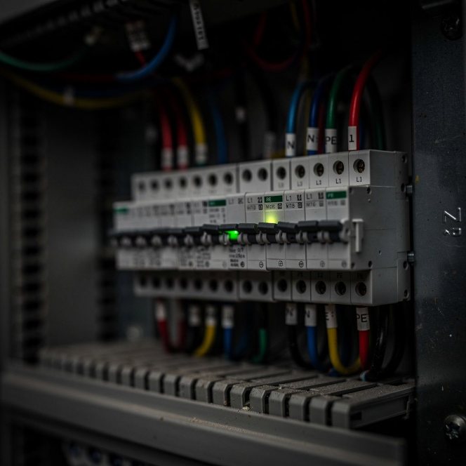 An electrical cabinet, a row of breakers, one green indicator lit