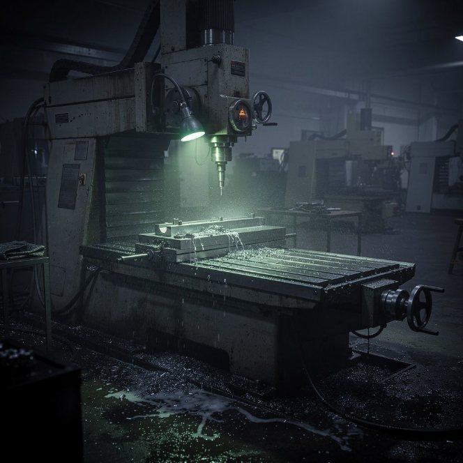 A milling machine under a green lamp, chips on the table